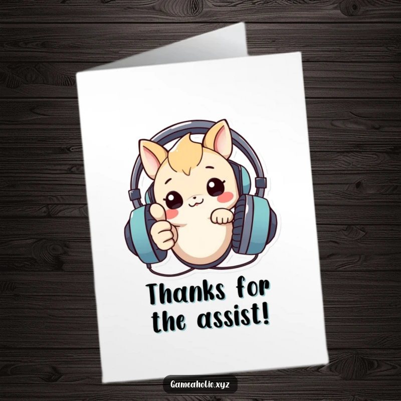 Funny Free Printable Thank You Card: Creature peeking over a large headset, giving a positive thumbs up sign.