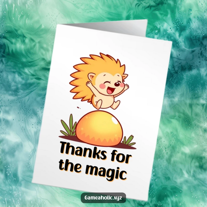 Funny Free Printable thank you card showing a happy hedgehog mid-leap over a giant glowing mushroom, conveying gratitude with energetic cheer.