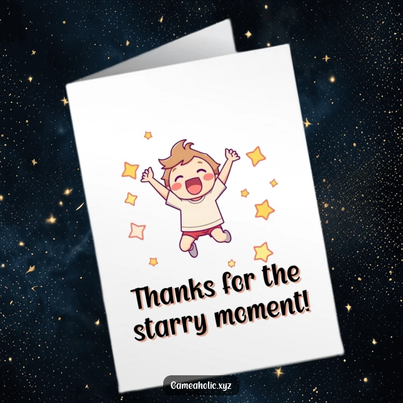 Funny Free Printable Thank You Card: Character leaping joyfully, surrounded by pixelated stars, conveying heartfelt thanks.
