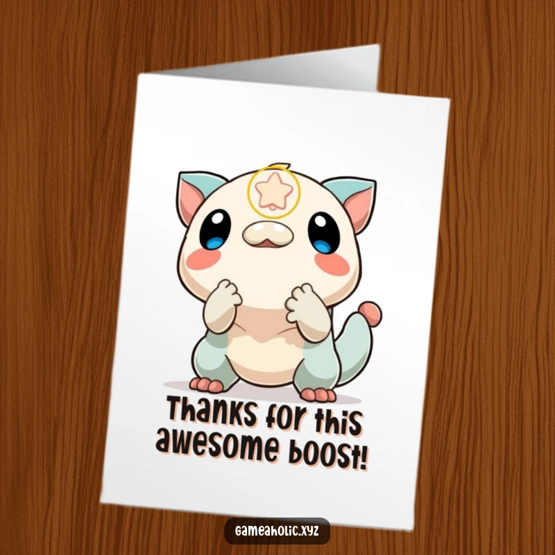 Funny Free Printable Thank You Card: Creature excitedly reaching for a falling power-up icon, sending thanks.