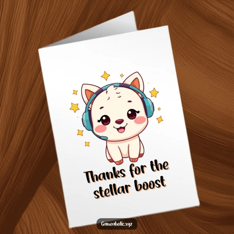 Funny Free Printable Thank You Card: Cheerful animal gamer with stars swirling around headset, expressing gratitude.