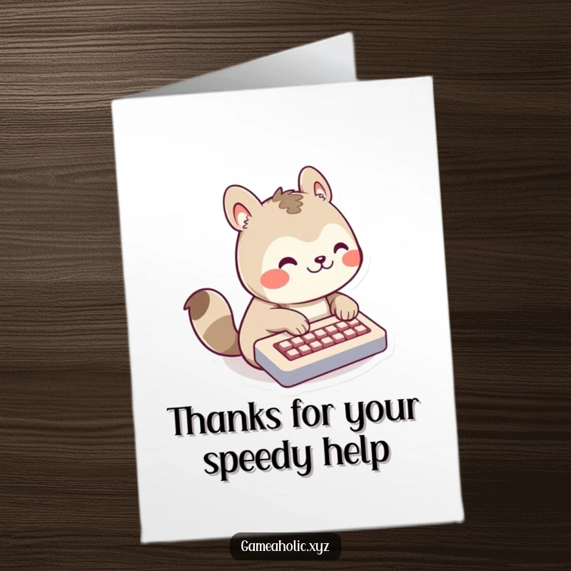 Funny Free Printable Thank You Card: Smiling animal character intensely typing on a small keyboard, conveying rapid and sincere thanks.