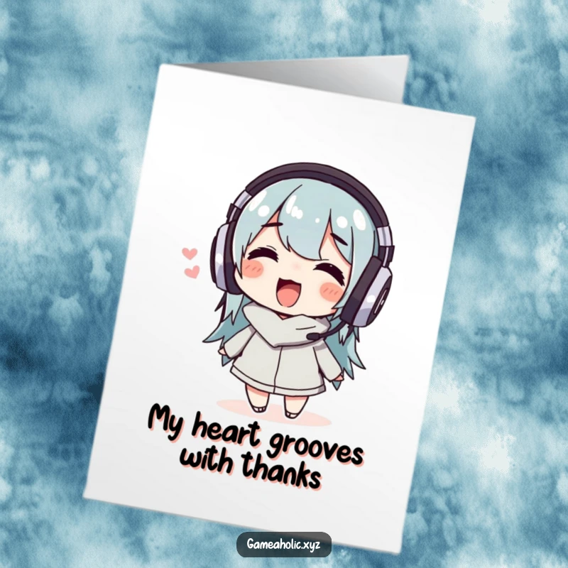 Funny Free Printable Thank You Card: Character enjoying music through headphones, wiggling happily to express sincere thanks.