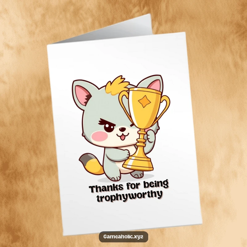 Funny Free Printable Thank You Card: Adorable animal winks holding a trophy, a playful way to say thank you.