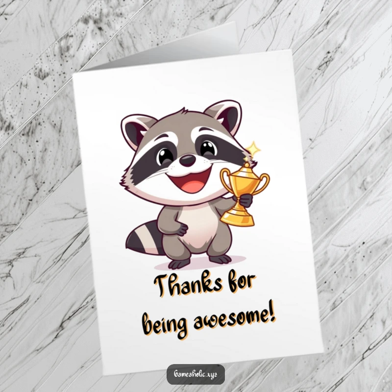 Funny Free Printable Thank You Card featuring a happy raccoon holding a sparkling trophy, offering thanks with a mischievous grin.