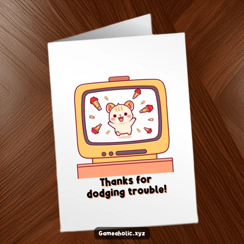 Funny Free Printable Thank You Card: A small animal character gleefully dodging falling objects on a screen.