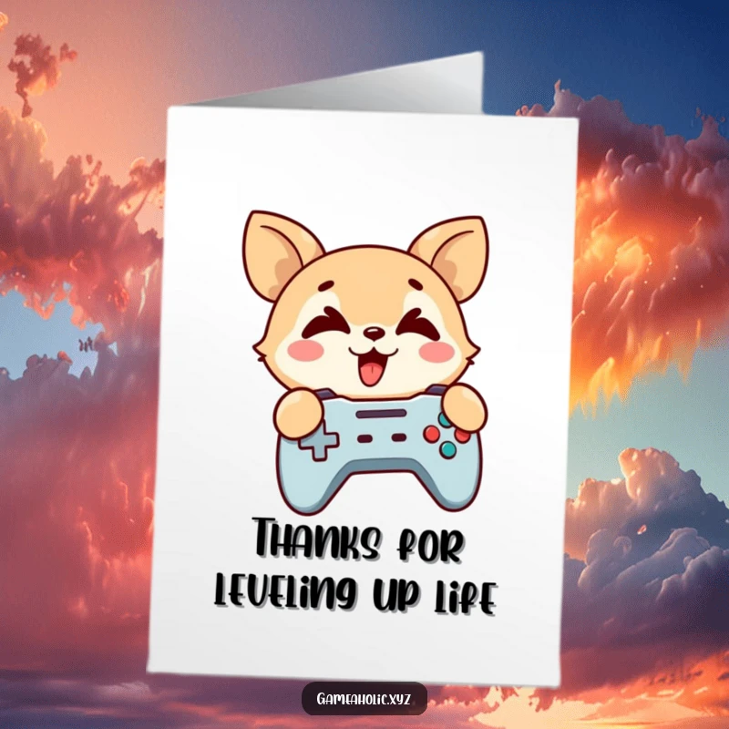 Funny Free Printable Thank You Card: A cute animal with crossed eyes holds a game controller, giving thanks.