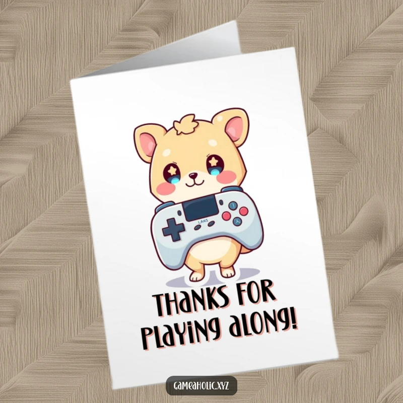 Funny Free Printable Thank You Card: A cute animal character with starry eyes, holding a large game controller, expressing thanks.
