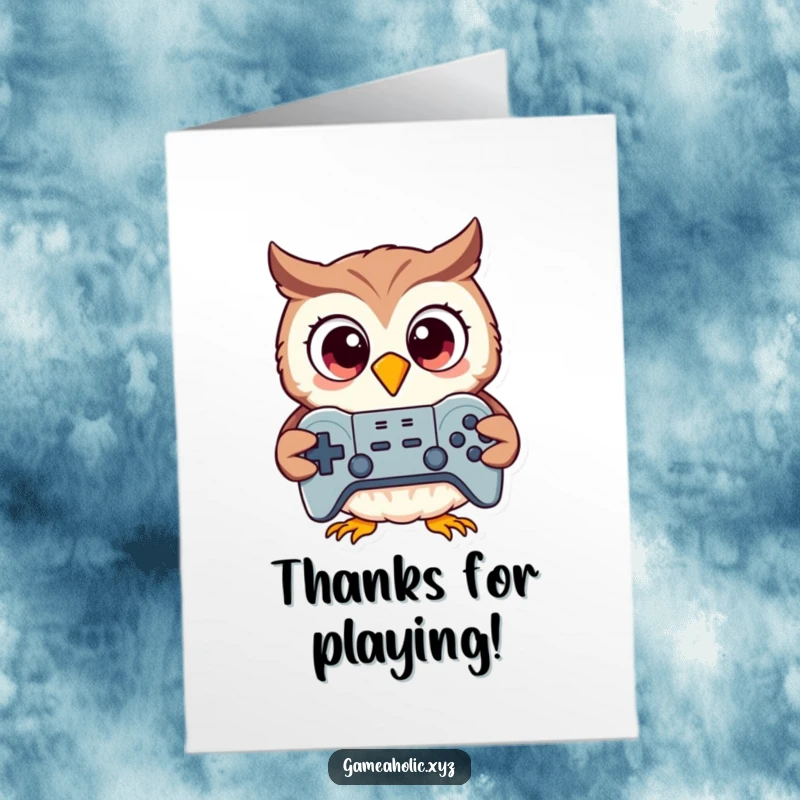 Funny Free Printable Thank You Card featuring an excited owl with big eyes clutching a game controller, perfect for gamer appreciation.