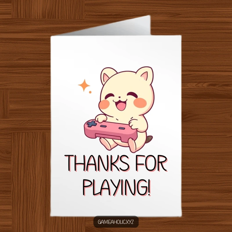 Funny Free Printable Thank You Card: A small creature enthusiastically mashing controller buttons with joy to say thank you.