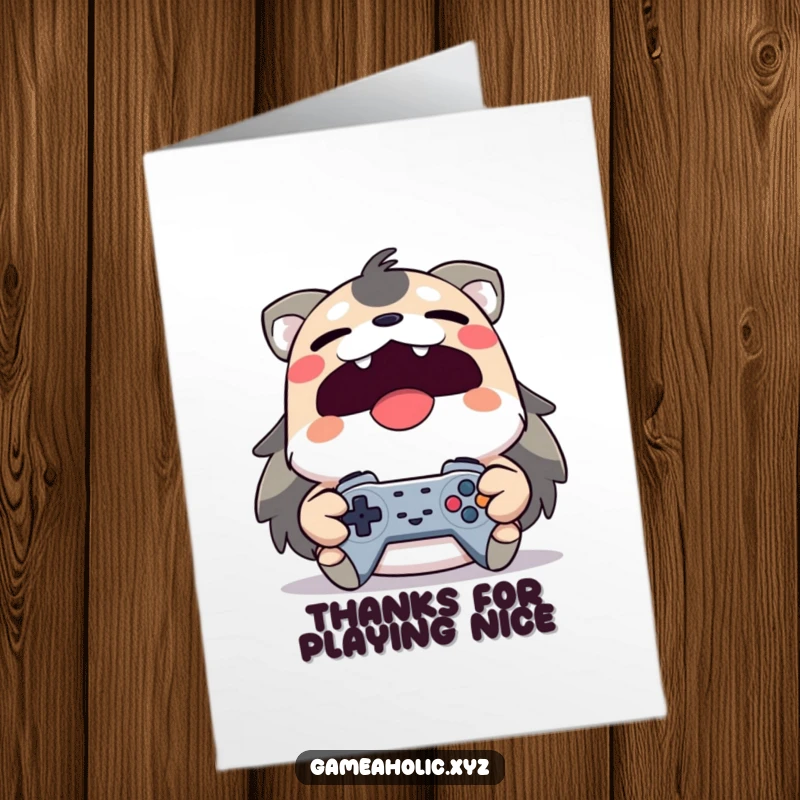 Free printable thank you card featuring a yawning yet smiling animal character clutching a game controller, expressing thanks.