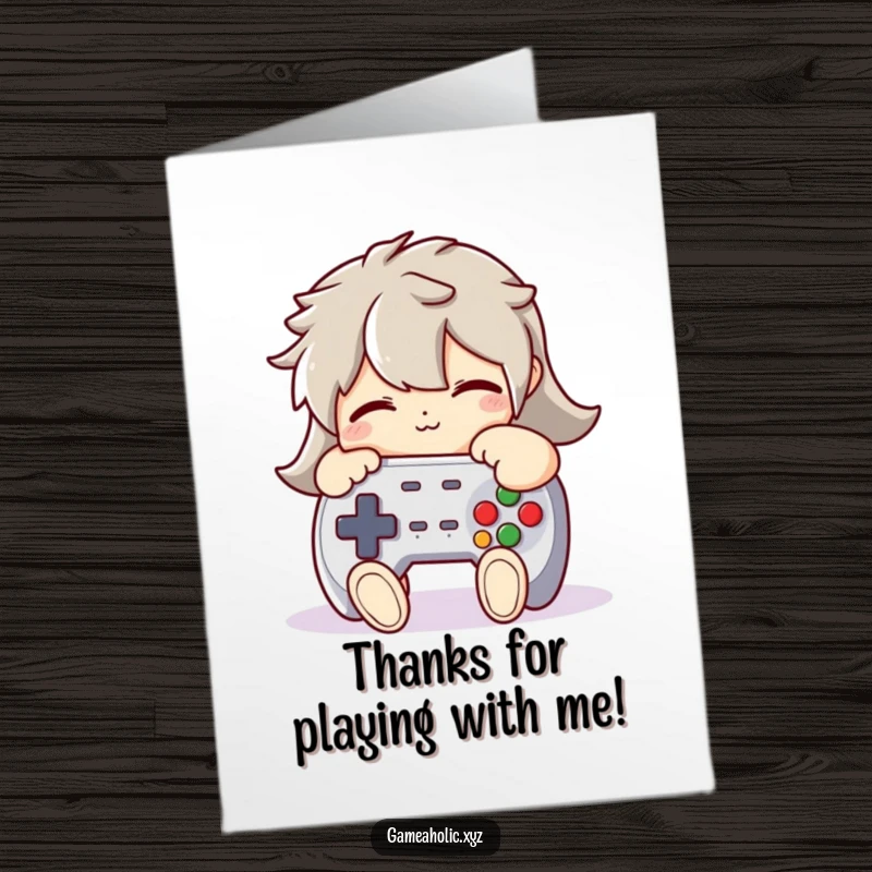 Funny Free Printable Thank You Card: Character tightly embracing a large, soft plush video game controller in a gesture of thanks.
