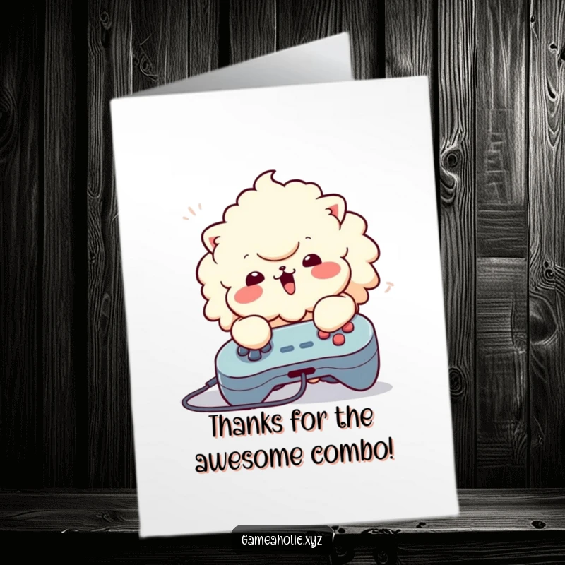 Funny Free Printable Thank You Card: A fluffy character enthusiastically mashing buttons on a controller, sending thanks with glee.