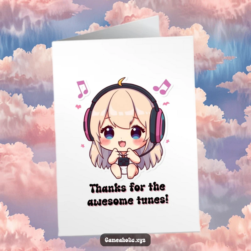 Funny Free Printable Thank You Card: Gamer with headphones bobbing head to music, sending thanks.