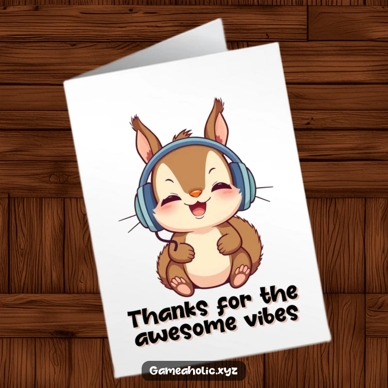 Funny Free Printable Thank You Card with a delighted squirrel in big headphones, intently watching a screen, saying thanks.