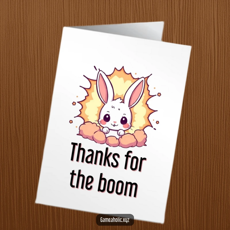Funny Free Printable thank you card, a curious rabbit peeking from behind a giant pixelated explosion, showing thanks.