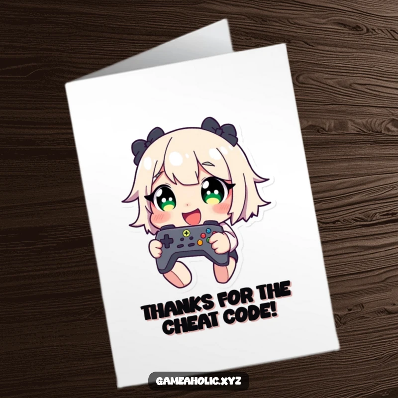 Funny Free Printable Thank You Card: Character's eyes sparkle, giggling with delight while holding a game controller tight.