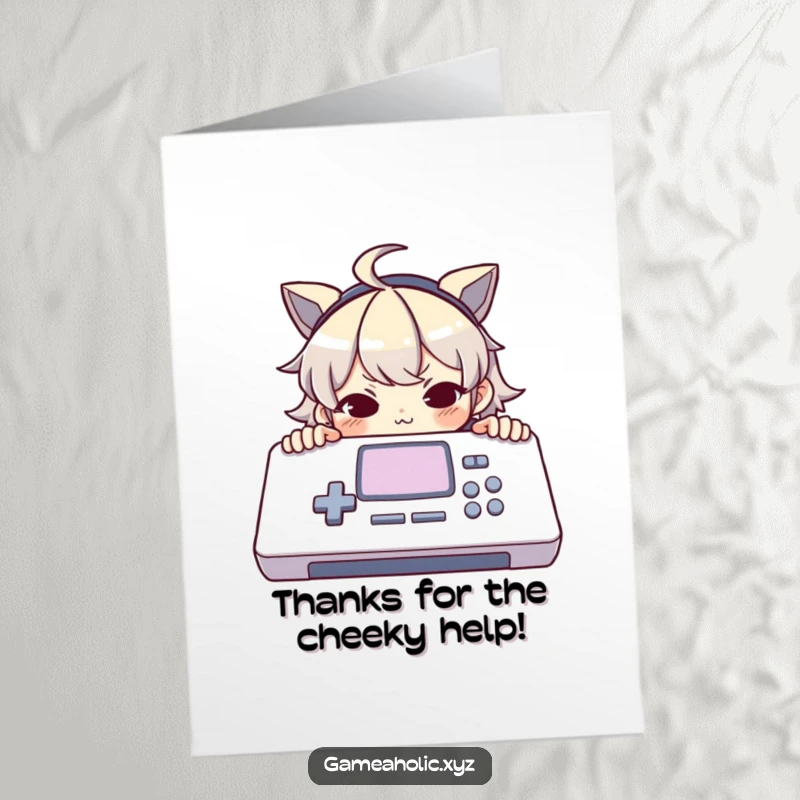 Funny Free Printable Thank You Card: Character peeking over console with mischievous smirk, expressing thanks.