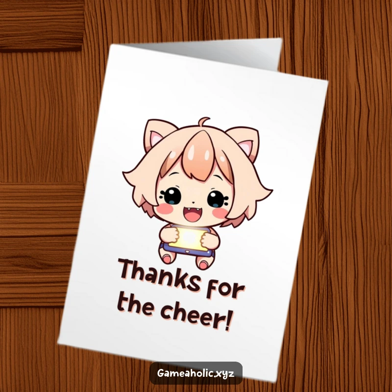 Funny Free Printable Thank You Card: A happy character intensely focused on a glowing screen, cheering to say thank you.