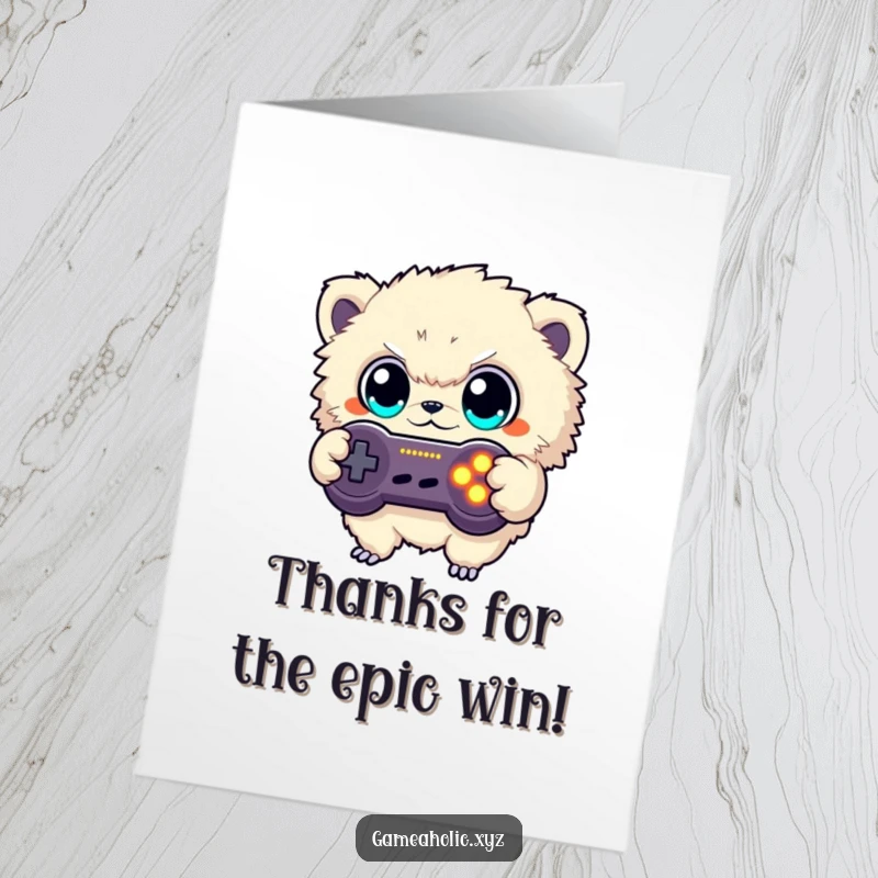 Funny Free Printable Thank You Card: Fuzzy creature giving a thumbs-up while holding a game controller, showing thanks.