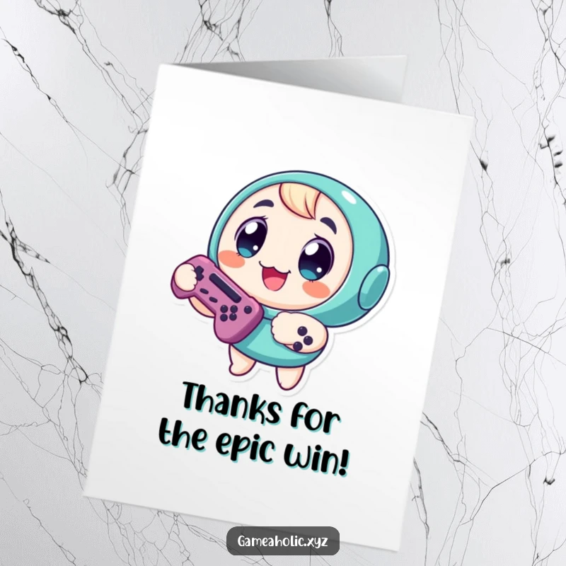 Funny Free Printable Thank You Card: Adorable round character with large eyes, holding a game controller, expressing gratitude.