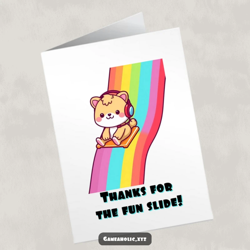 Funny Free Printable Thank You Card: A cheerful animal with a headset slides down a rainbow pixelated slide, saying thanks.