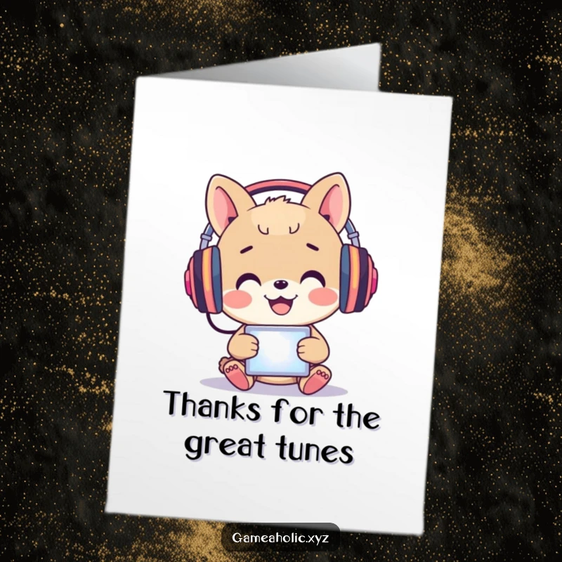 Funny Free Printable Thank You Card: A happy animal with headphones is lost in a glowing screen, thanking you.