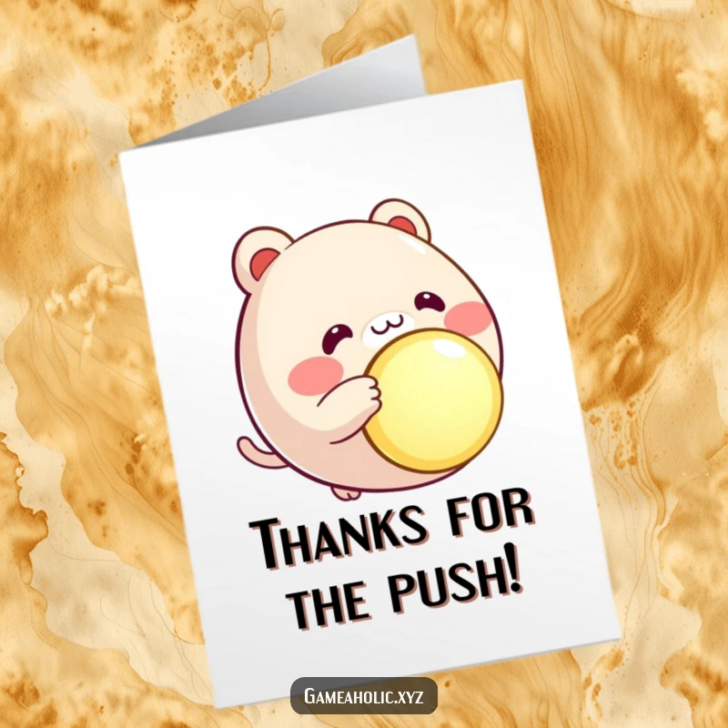 Funny Free Printable Thank You Card: A round animal character with rosy cheeks eagerly presses a large, illuminated button.