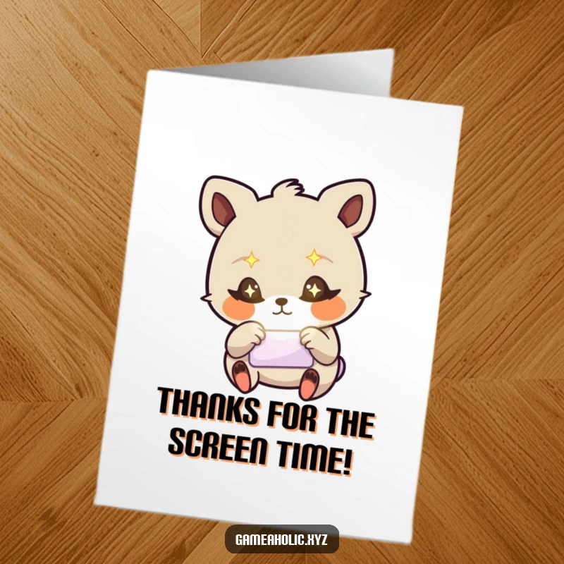 Funny Free Printable Thank You Card: A stylized animal with starry eyes frantically taps on a glowing screen, expressing thanks.