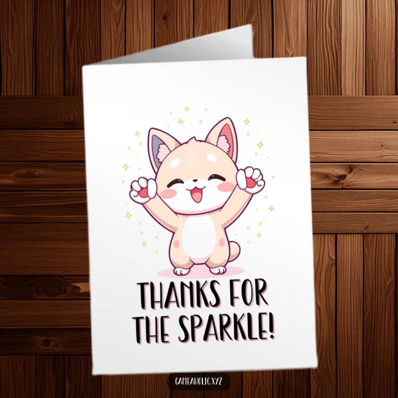 Funny free printable thank you card with a cheering character, paws raised amidst digital sparkles, conveying thanks with infectious enthusiasm.