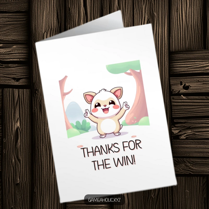 Funny Free Printable Thank You Card with a cheerful digital creature striking a confident victory pose, conveying digital thanks and celebration.