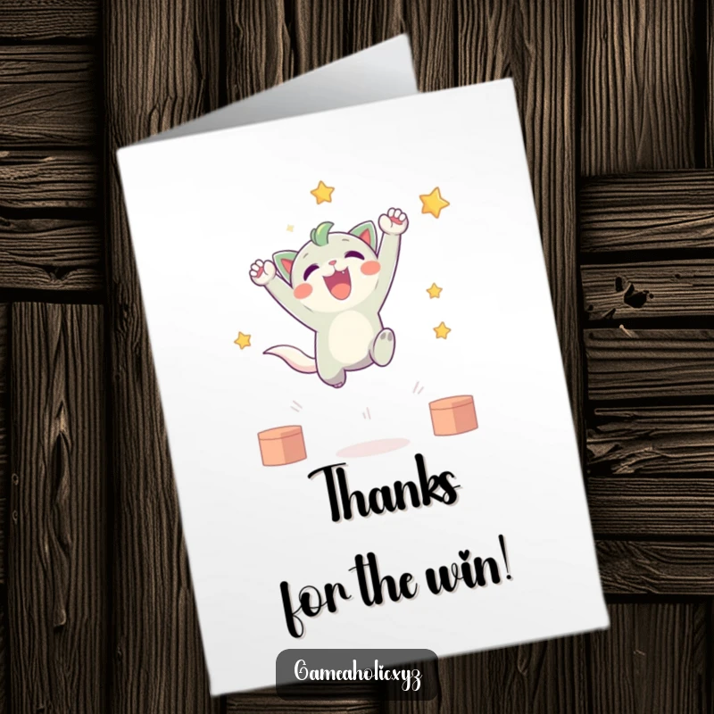 Funny Free Printable Thank You Card: Adorable creature airborne, celebrating a virtual triumph with pure joy.