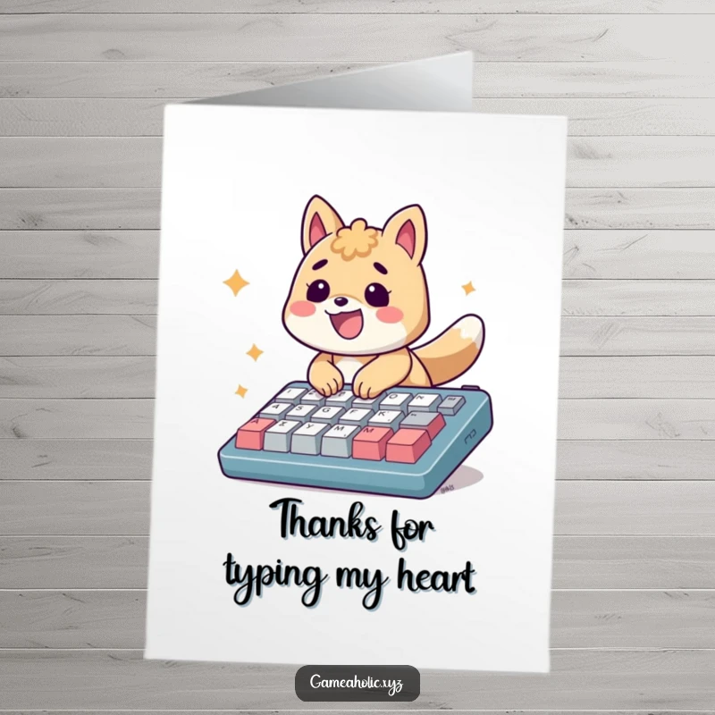 Funny Free Printable Thank You Card: An energetic animal with a big smile taps fast on a keyboard, saying thanks.