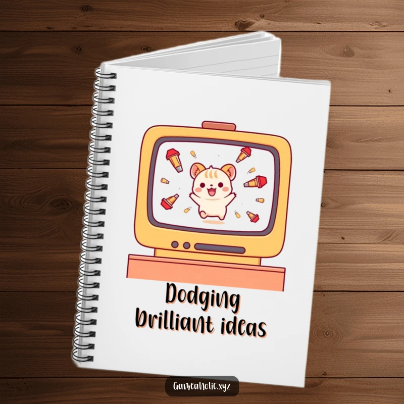 Funny small animal character notebook, gleefully dodging falling projectiles on a screen, perfect for notes.