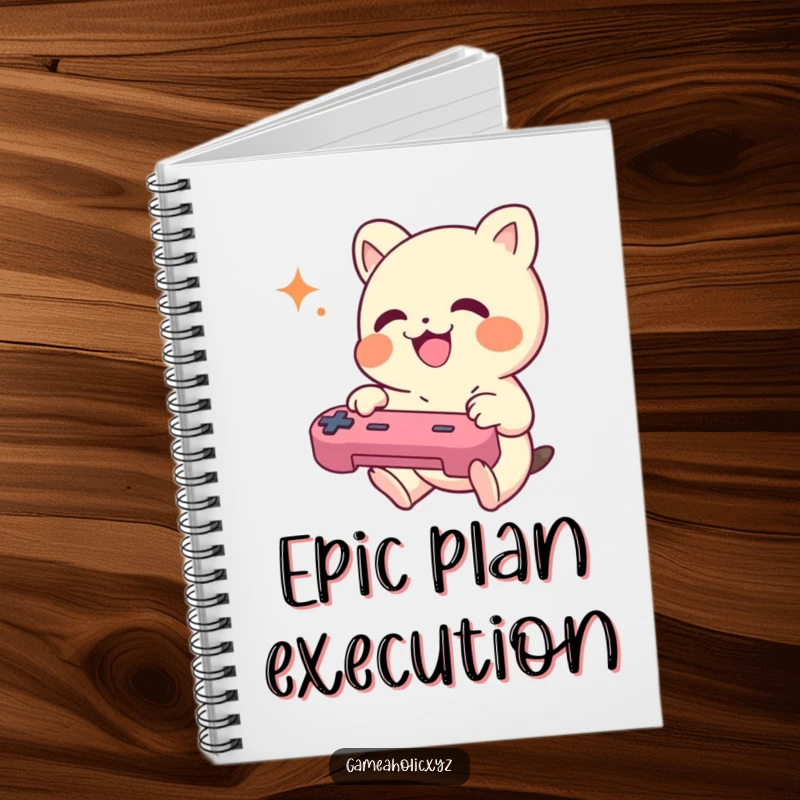 Funny Notebook with a small creature joyfully mashing game controller buttons, great for notes and strategies.