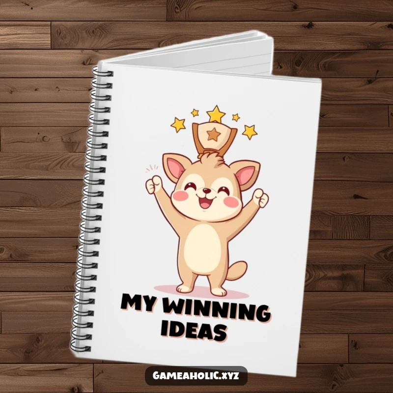 Funny Notebook featuring an animal character triumphantly holding a digital award with a happy smile, ideal for notes and planning.
