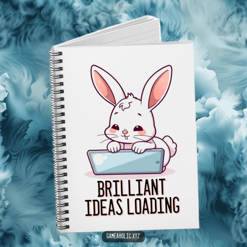 Funny notebook featuring a bubbly bunny leaning forward, engrossed in a digital screen, perfect for notes. A fun funny gift.