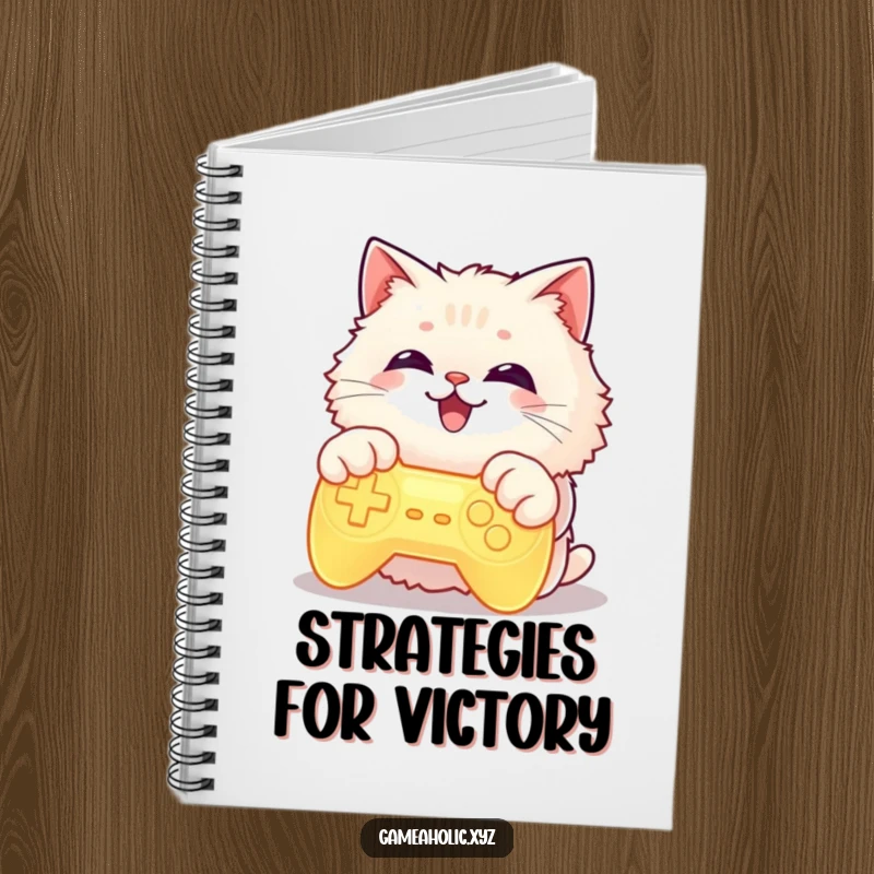 Notebook cover featuring a funny cat with paws on a glowing game controller, grinning widely, ideal for gamers.
