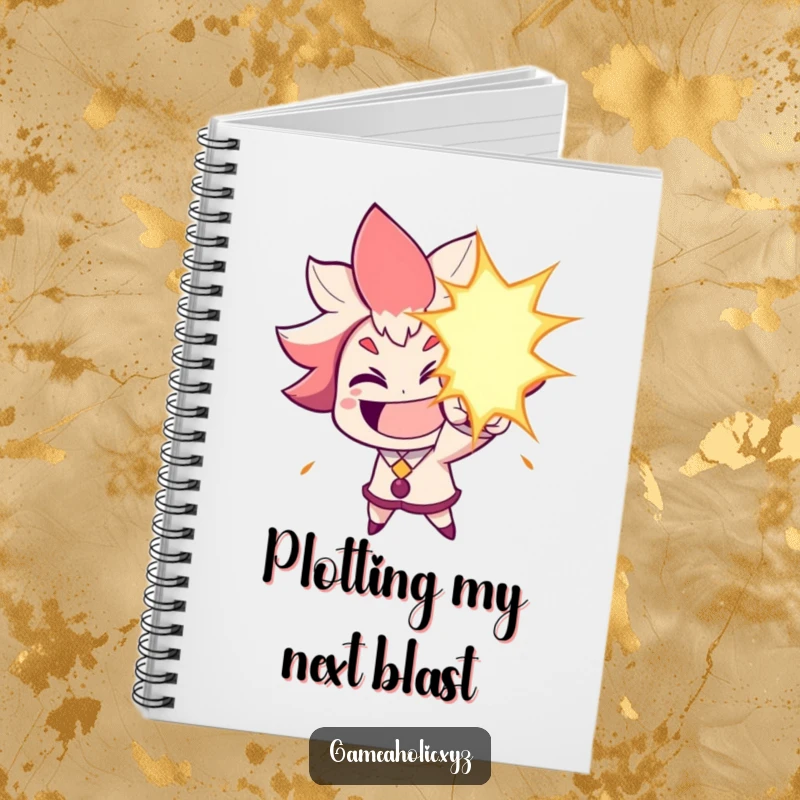 Funny Notebook: Character grins widely, aiming a humorous energy blast, great for notes and creative bursts.