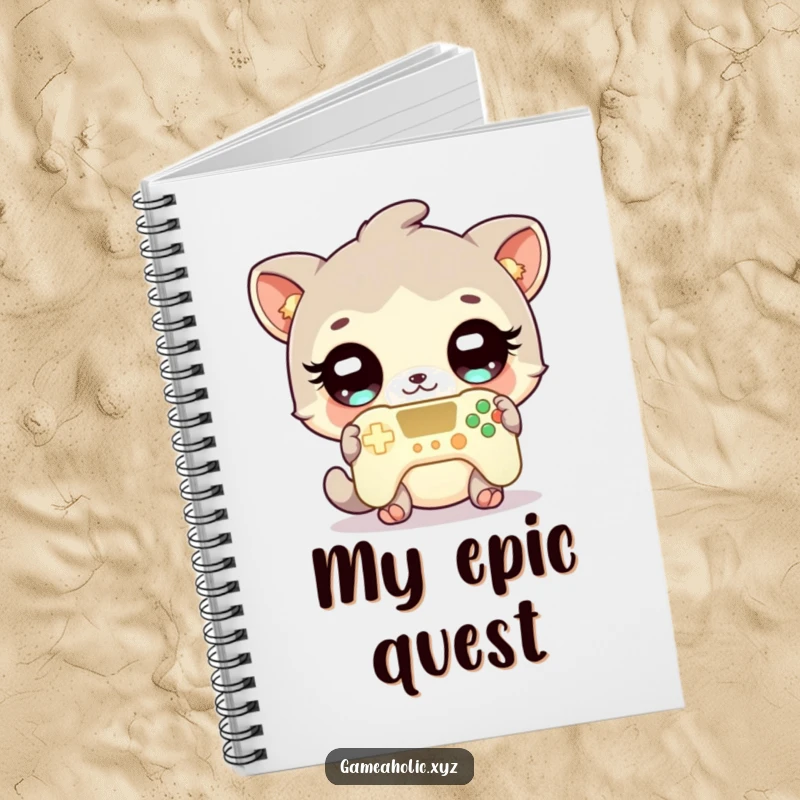 Funny gamer animal notebook with a cute character, sparkling eyes, and a glowing game controller, perfect for game logs.