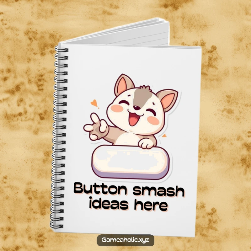 Funny notebook with a determined animal character joyfully smashing a virtual button, perfect for notes.