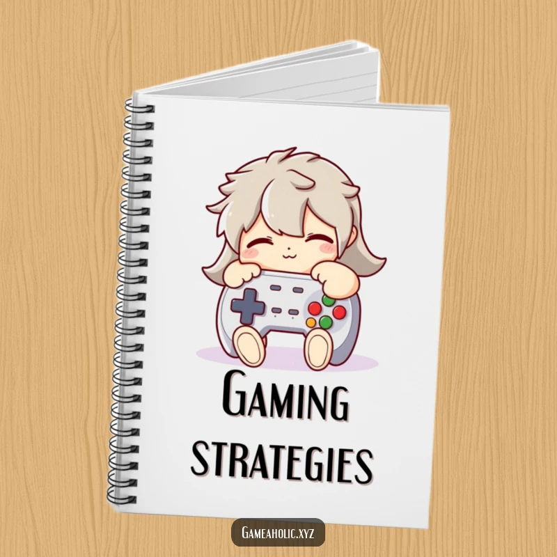 Funny Notebook: A character humorously hugging a plush game controller tightly, perfect for jotting down gaming notes.