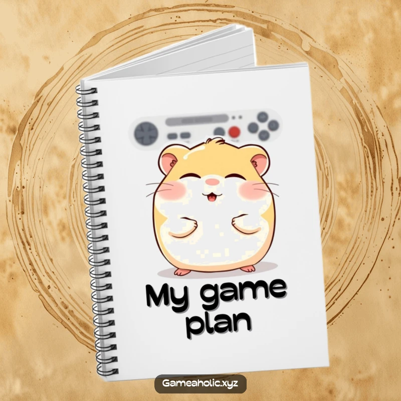 Notebook cover featuring a funny round hamster with rosy cheeks, eyes closed in gaming bliss, ideal for gamers.