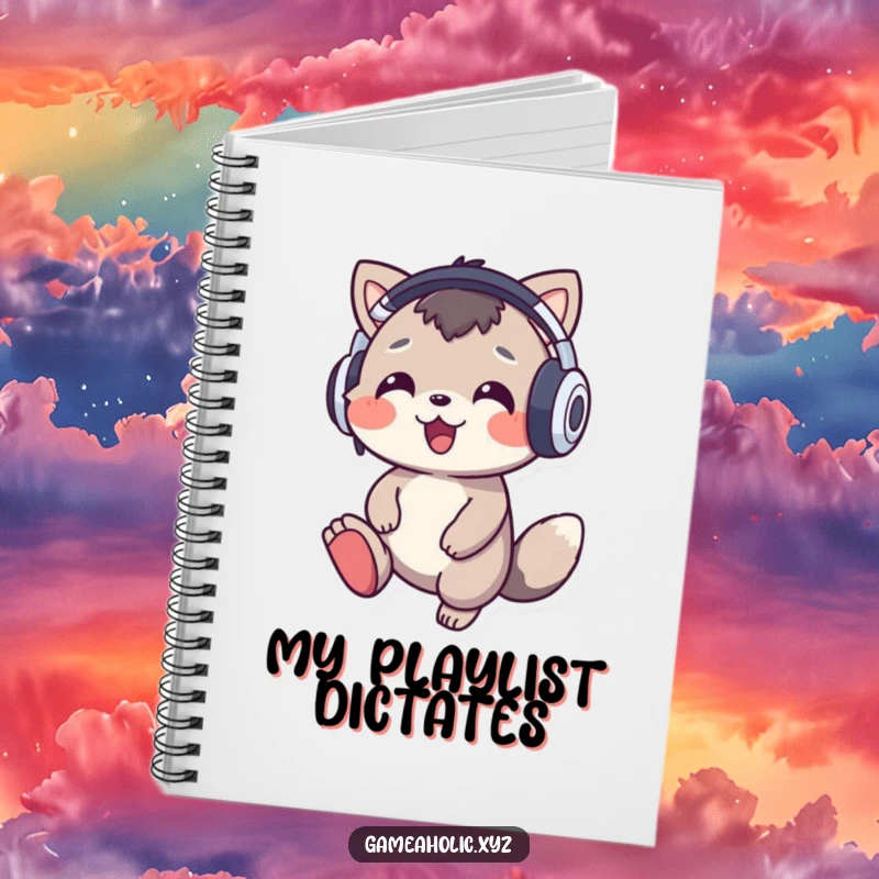 Funny music animal notebook with a cheerful character wearing oversized headphones tapping its foot to music, perfect for note-taking.