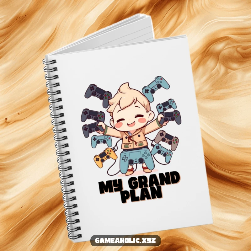 Funny Notebook: Character balancing numerous game controllers with a goofy smile, ideal for jotting down ideas.