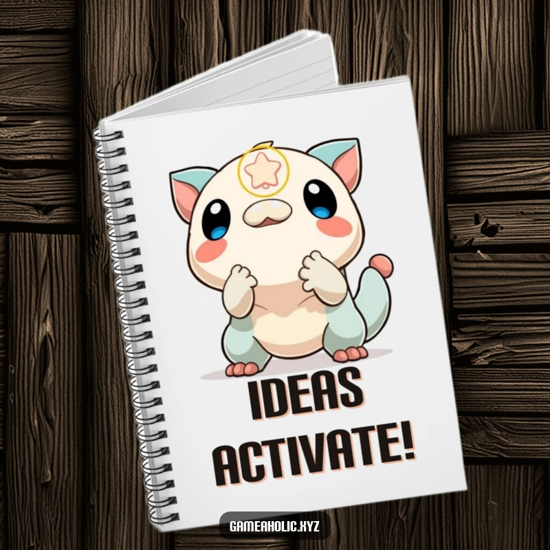 Funny notebook featuring an excited creature reaching for a falling power-up icon, perfect for jotting down notes and gaming strategies.