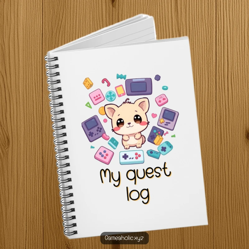 Funny Notebook: A surprised animal with wide eyes is centered in a design of cascading game icons, ideal for note-taking.