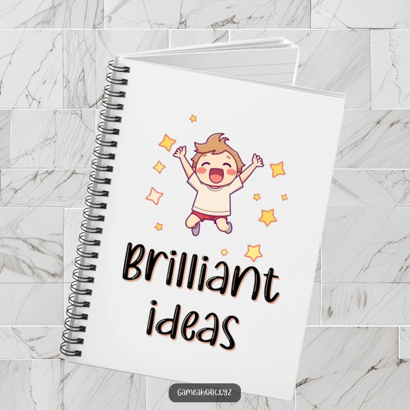Funny Notebook: Character leaping joyfully, surrounded by pixelated stars, ideal for jotting down winning ideas.