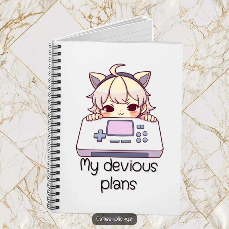 Funny notebook featuring a character peeking over a large console with a mischievous smirk, perfect for planning and note-taking.