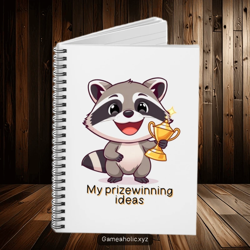 Funny raccoon with a wide grin holding a sparkling trophy, spiral notebook, lined pages, humorous stationery.